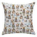 A square throw pillow featuring a vintage-style repeating pattern of teddy bears in strollers, trams, and airplanes on a light blue and white striped background.