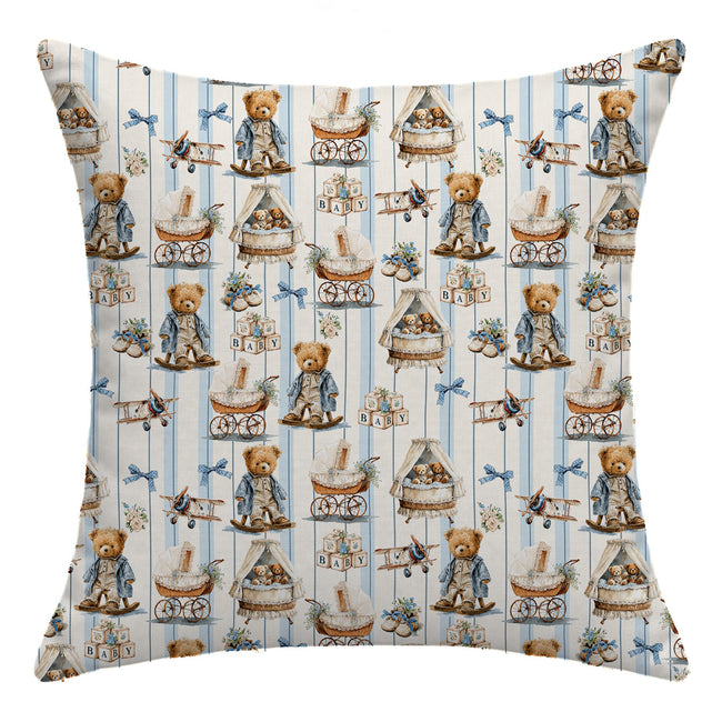 A square throw pillow featuring a vintage-style repeating pattern of teddy bears in strollers, trams, and airplanes on a light blue and white striped background.
