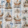 Personalized baby bedding fabric featuring a repeating pattern of teddy bears, vintage baby carriages, blocks spelling 'BABY', and small airplanes on a light blue and white striped background. The name 'Oliver' is printed in a dark blue serif font.