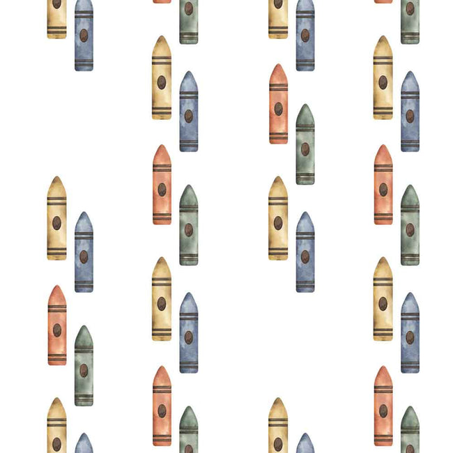 A repeating watercolor-style pattern of crayons in muted pastel colors including blue, green, peach, and yellow on a white background.