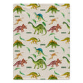 A rectangular blanket with a repeating dinosaur pattern on a cream background. The print features various colorful dinosaurs in green, yellow, blue, and brown, with the name 'CAIDEN' repeated in green text.