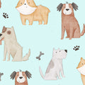 A repeating watercolor-style pattern of playful dogs in tan, cream, brown, and white tones on a light blue background, with small dark paw-print and bone motifs.