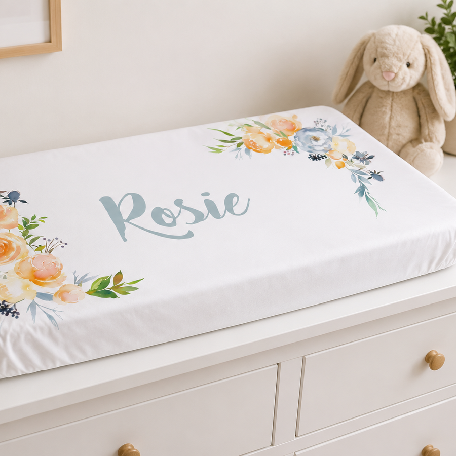 Watercolor Roses & Thistles Personalized Changing Pad Cover