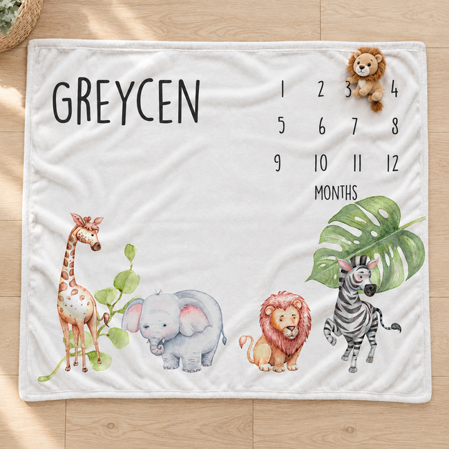 Personalized watercolor safari animals baby milestone blanket
