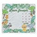 Personalized Wild Safari baby milestone blanket with giraffe, zebra, lion, elephant, monkey, tropical leaves, custom name, and months 1–12