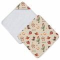 A square baby towel with a western-themed print, shown folded to display both its patterned exterior and plain white interior. The print features cowboy hats, boots, cacti, horseshoes, and stars on a beige background with the word 'SCOUT' repeated.