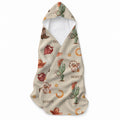 Beige hooded towel featuring cowboy hats, boots, cacti, red bandanas, horseshoes, sheriff stars, and the name Scout in Western lettering.