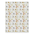 Full view of Wildwood Safari baby blanket with watercolor safari animals, trees, greenery, and the name Oliver on white.