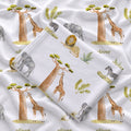 Folded Wildwood Safari personalized swaddle blanket showing watercolor safari animals, leafy greenery, and Oliver in olive green lettering.