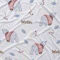 White fabric with a winter-themed print featuring watercolor polar bears wearing pink patterned sweaters, blue-gray leaves, berry branches, and the word 'Winter' in brown script.