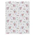Personalized Polar Bear Baby Blanket. Gentle polar bears in pink sweaters, blue leaves, and berry sprigs surround a custom name on a white background.