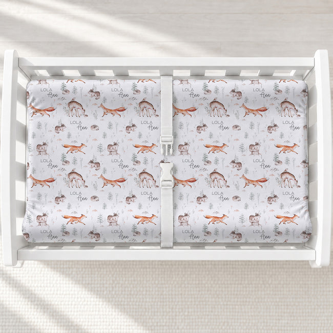 Woodland Animals Personalized Changing Pad Cover, featuring sweet forest friends and your baby’s name for a cozy, storybook-inspired nursery.
