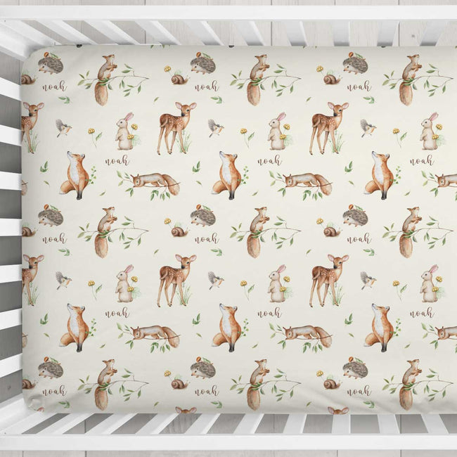 Woodland friends personalized crib sheet - Caiden Designs