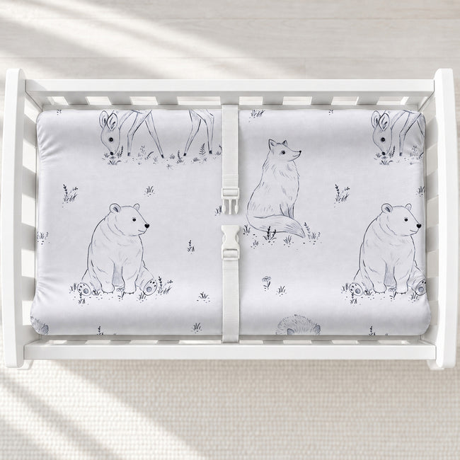 Monochrome Woodland Animals Changing Pad Cover, featuring hand-drawn forest animals for a peaceful, storybook-inspired nursery.