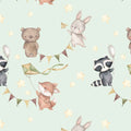 A repeating watercolor-style pattern featuring a teddy bear, rabbit, raccoon, fox, stars, balloons, and bunting garlands on a pale mint background.
