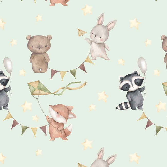 A repeating watercolor-style pattern featuring a teddy bear, rabbit, raccoon, fox, stars, balloons, and bunting garlands on a pale mint background.