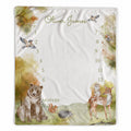 A personalized baby milestone blanket featuring watercolor woodland animals including a bear, deer, squirrel, hedgehog, and birds, with the name 'Oliver James' and a 12-month countdown at the top and bottom.