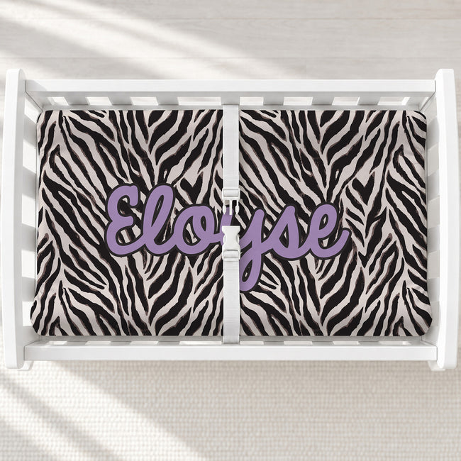 Personalized Zebra Print Changing Pad Cover – Lilac Name