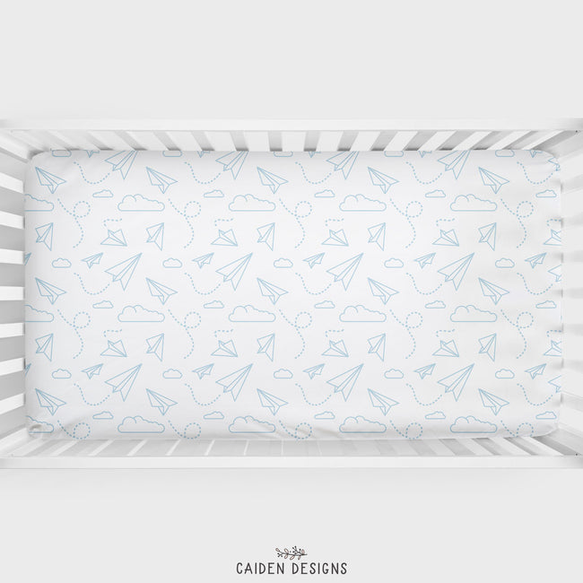 Blue Paper Planes Personalized Crib Sheet