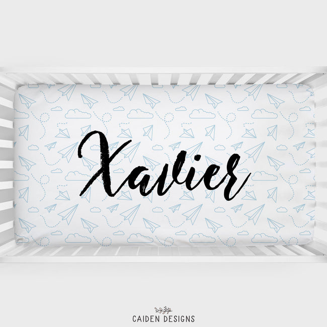 Blue Paper Planes Personalized Crib Sheet