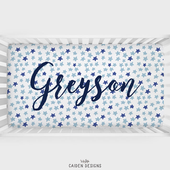 Blue Stars Personalized Crib Sheet