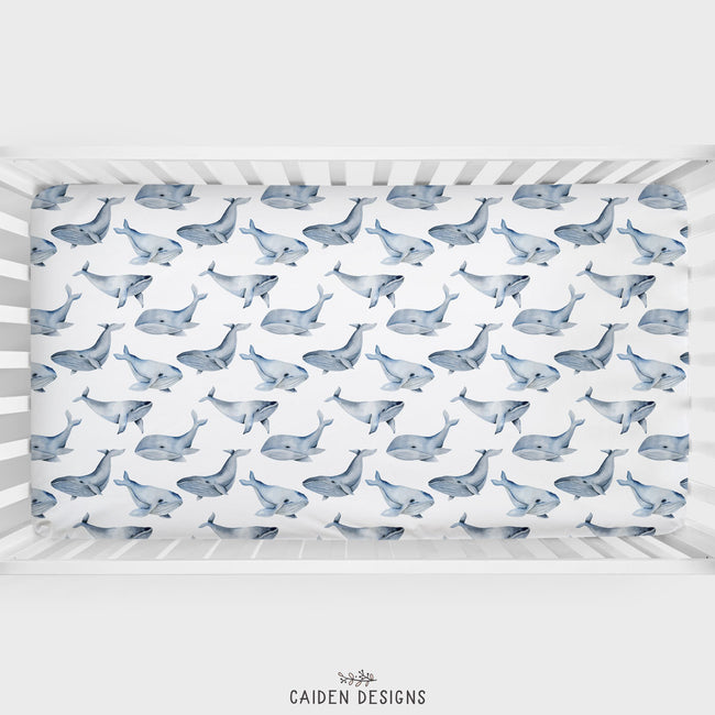 Blue Watercolor Whales Personalized Crib Sheet