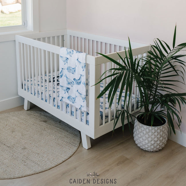 Blue Watercolor Whales Personalized Crib Sheet