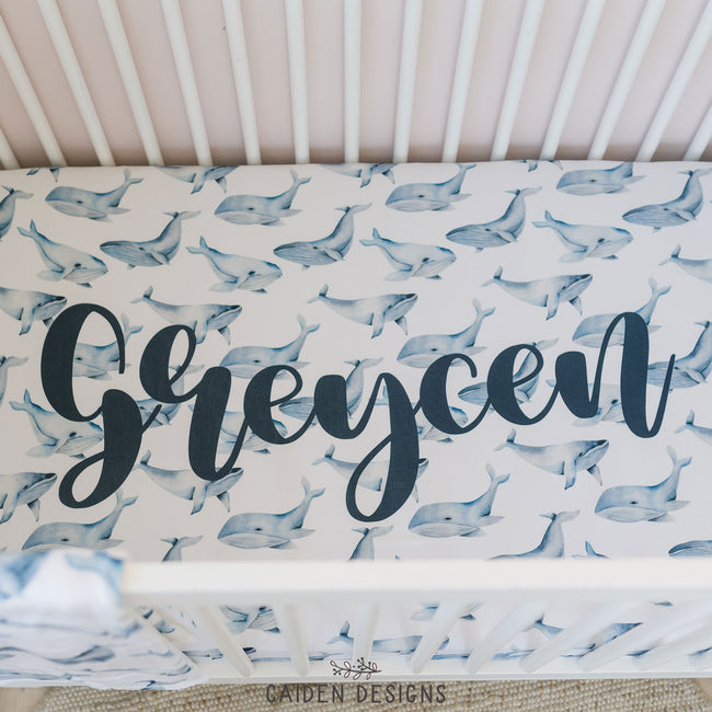Blue Watercolor Whales Personalized Crib Sheet