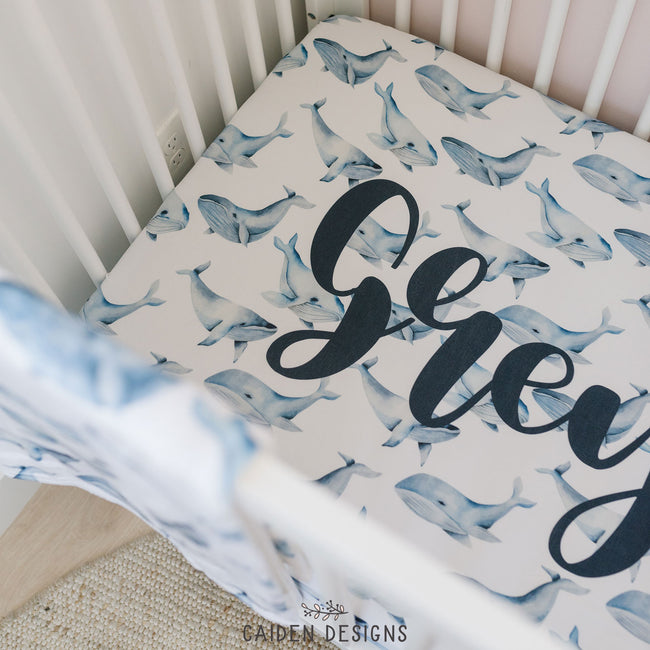 Blue Watercolor Whales Personalized Crib Sheet