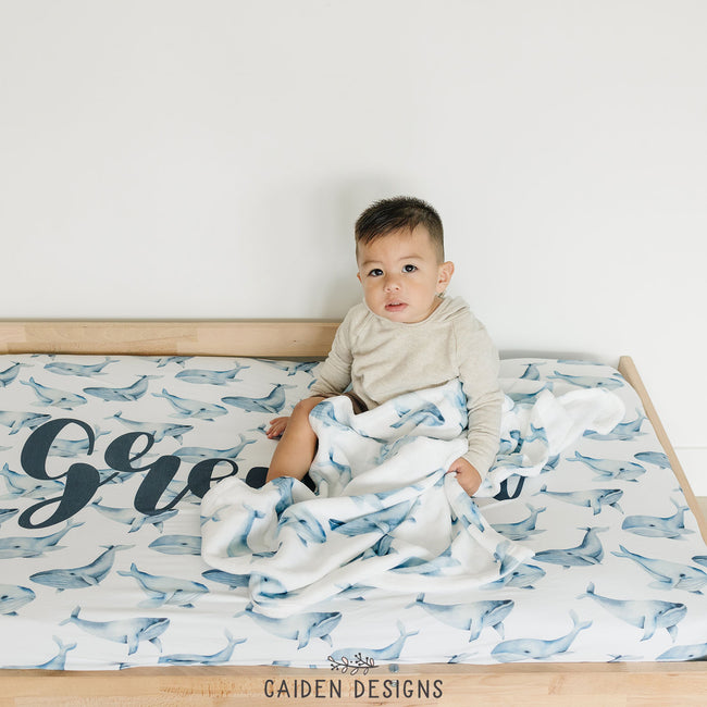 Blue Watercolor Whales Personalized Crib Sheet
