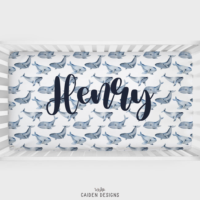 Blue Watercolor Whales Personalized Crib Sheet