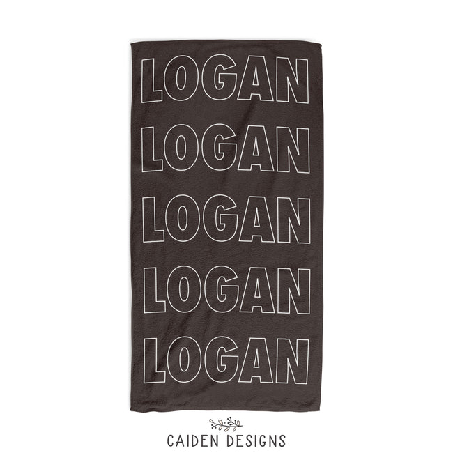 A coffee personalized beach towel with the name Logan printed on it