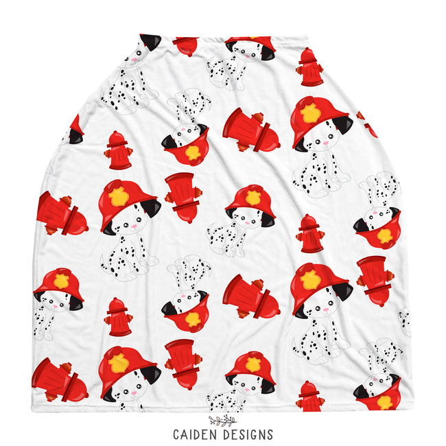 A multicolored baby car seat cover featuring a pattern of dalmatians in firefighter gear on a white background, with a tapered shape and a 1/2" seam.