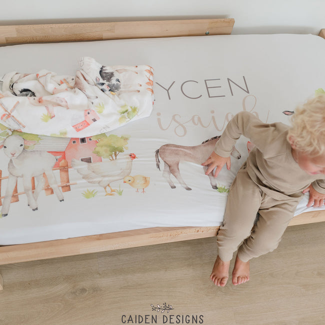 Watercolor Farm Animals Personalized Crib Sheet