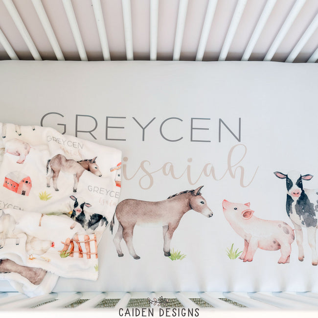 Watercolor Farm Animals Personalized Crib Sheet