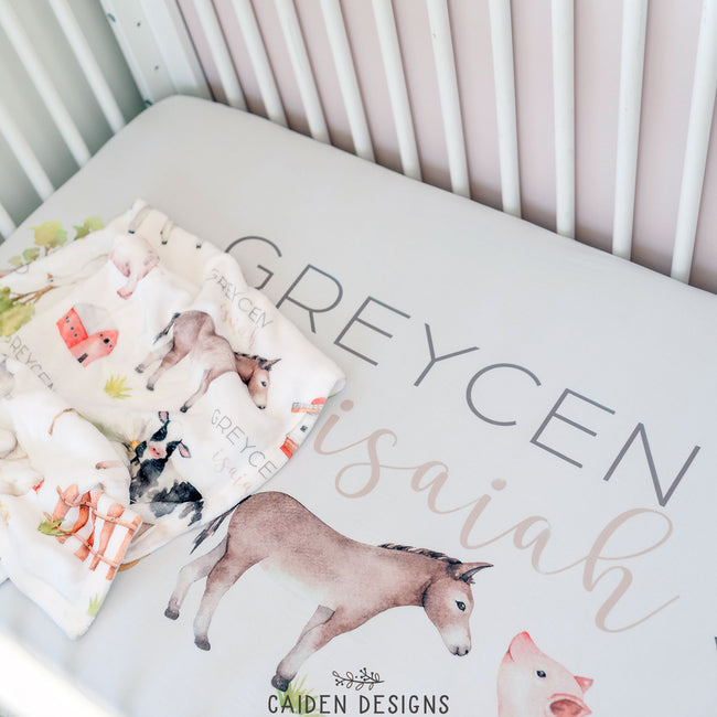 Watercolor Farm Animals Personalized Crib Sheet