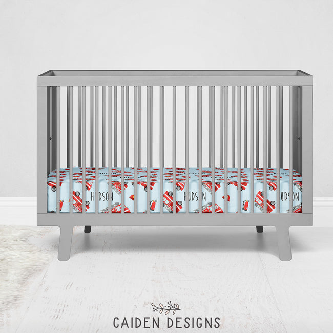 Red Fire Trucks Personalized Crib Sheet
