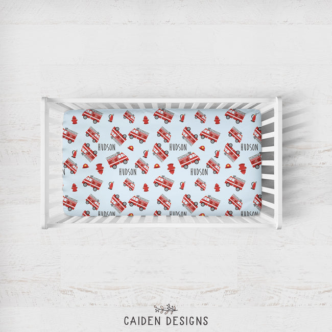 Red Fire Trucks Personalized Crib Sheet