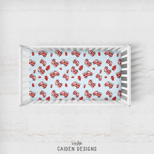 Red Fire Trucks Personalized Crib Sheet