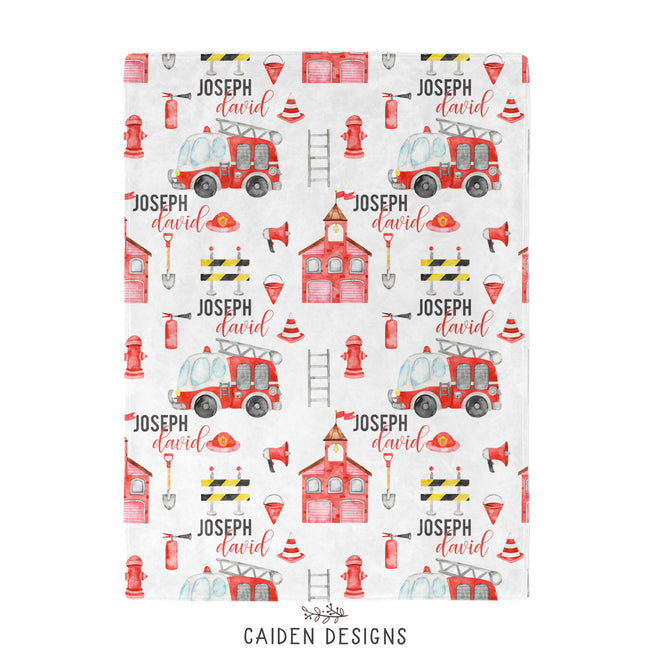 Personalized blanket featuring firefighting themes and characters.