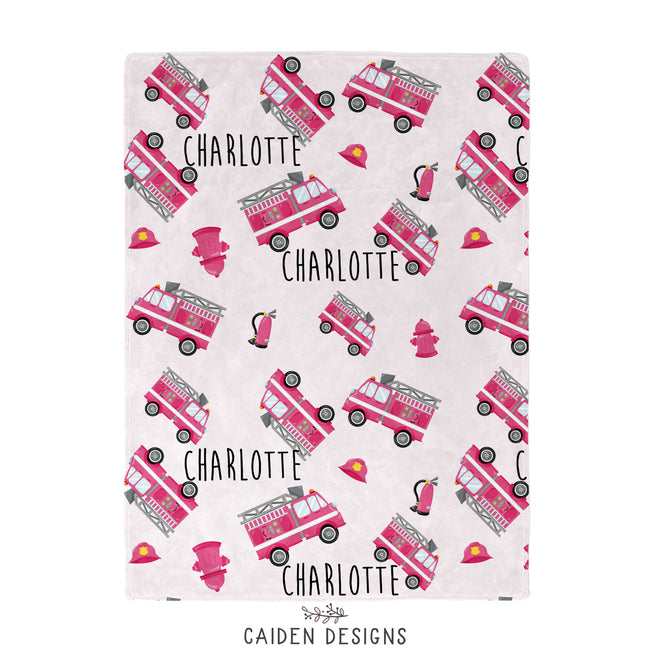 Pink Fire Trucks Personalized Baby Blanket