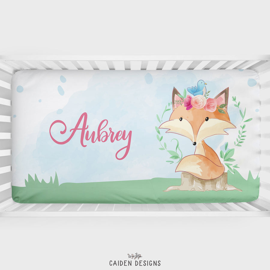 Fox Baby Girl Personalized Crib Sheet