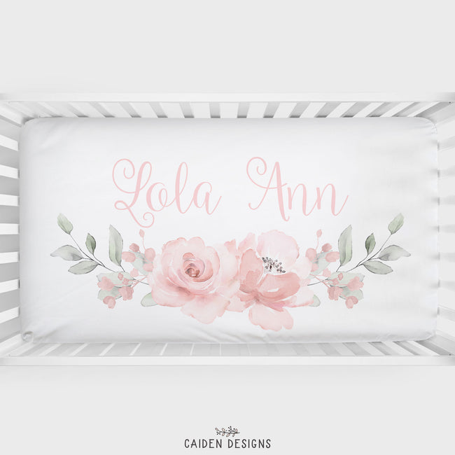 Soft Watercolor Flowers Personalized Crib Sheet