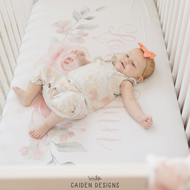Soft Watercolor Flowers Personalized Crib Sheet