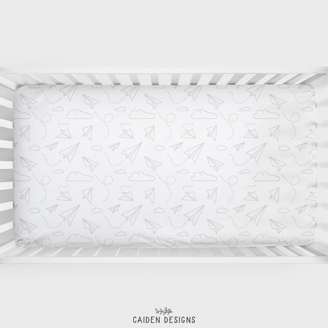 Grey Paper Planes Personalized Crib Sheet