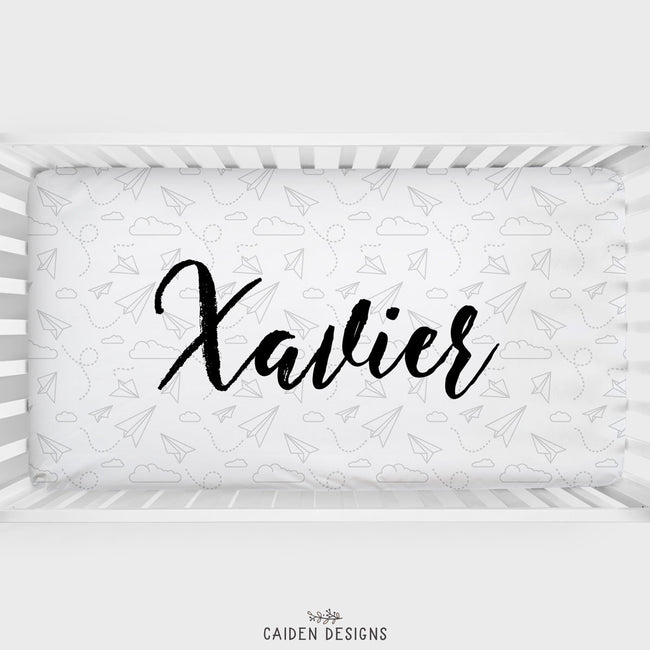 Grey Paper Planes Personalized Crib Sheet