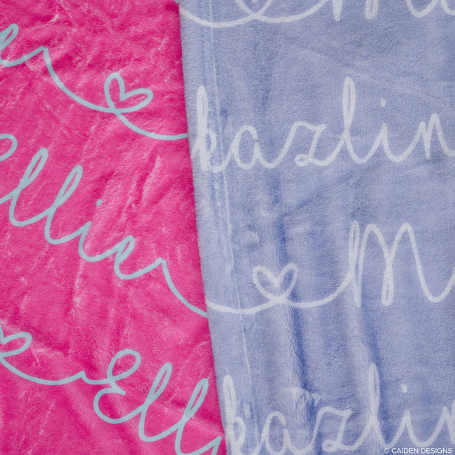 Close up of heart personalized blankets by Caiden Designs