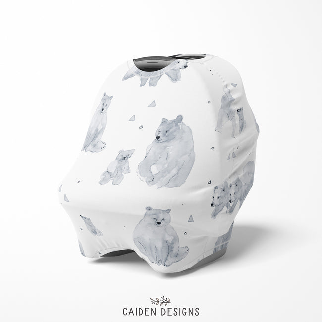 A white and gray watercolor design of polar bears and cubs on a baby car seat cover.
