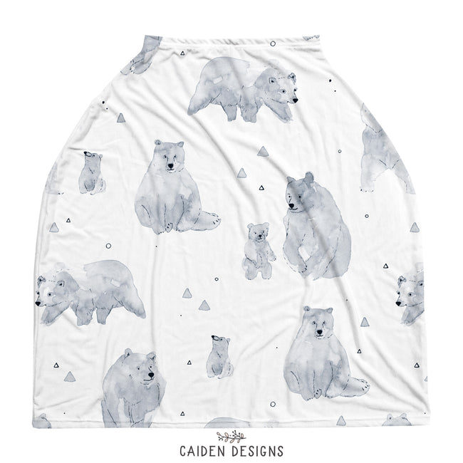A white and gray watercolor design of polar bears and cubs on a baby car seat cover.