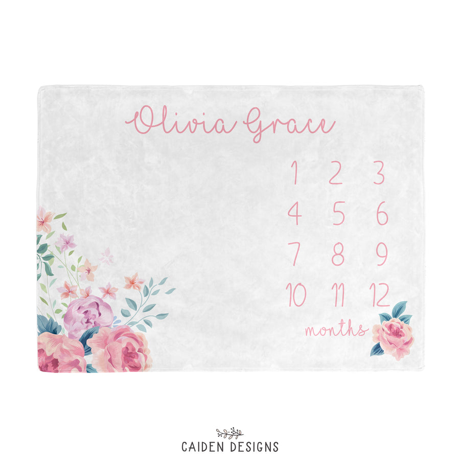 Olivia Floral Personalized Baby Milestone Blanket